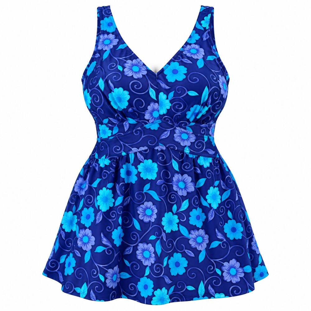 Vintage Maxine of Hollywood Blue Purple Flowers Skirted Swimsuit Dress Size 18W